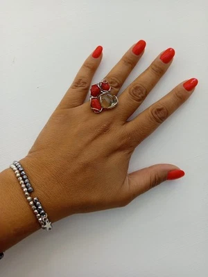 anello da donna argento bianco corallo rosso quarzo citrino fascia regolabile - Immagine 1 di 4