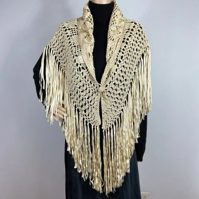 De colección Mantón de Seda Envoltura Anudado a Mano Macramé Flecos Cesta Tejido Marfil Crema Crochet Foto 1 de 4
