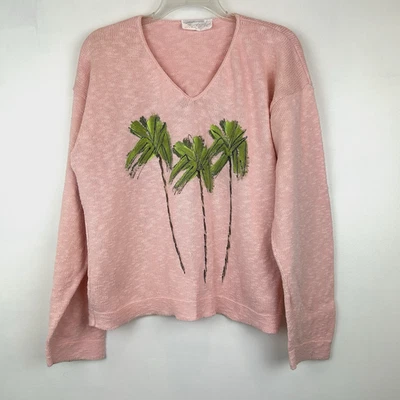 Vintage Tropical Sweater Women L Painted Palm Tree Pink Vacation Tropical Read - Image 1 of 4
