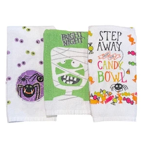 Set of 3 Cotton Halloween Dishtowels, Spider, Eyeballs, Mummy, Candy - Picture 1 of 9