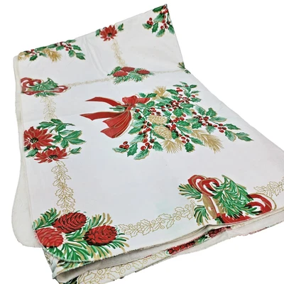 VTG Christmas Tablecloth 70x50 Plastic Covered Felt Back White Red Bells Holiday - Image 1 of 4