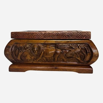 Vintage African Carved Wood Box Uganda Jacaranda Safari Wildlife Relief Art 13” - Image 1 of 4