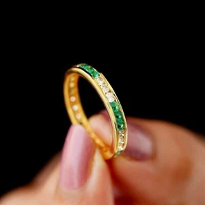 1 Ct Simulated Diamond & Green Emerald Wedding Band Ring 925 Yellow Gold Plated - Picture 1 of 8