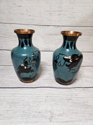 PAR De Colección De Jarrones Chinos De Cobre/Bronce 5.5" - Azul Con Diseños De Dragón Foto 1 de 4