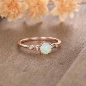 Simulated Opal & Moissanite Solitaire Engagement Ring In Solid 10K Rose Gold - Picture 1 of 4