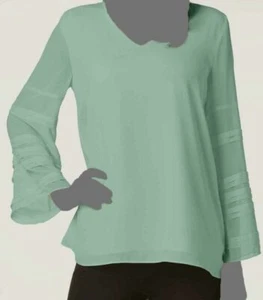 $60 Alfani Women's Green V-Neck Long Layered Pleated-Sleeve Blouse Size Large - Picture 1 of 2