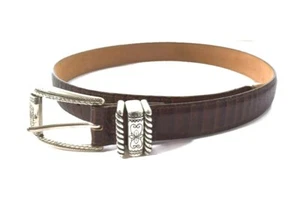 Brighton Womens Brown Croc Leather Belt Silver Buckle and Loops Size 28 4B308 - Picture 1 of 4