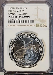 2002 SPAIN SILVER 10 EURO SPANISH GALLEON NGC PF 69 ULTRA CAMEO SCARCE TOP POP - Picture 1 of 3