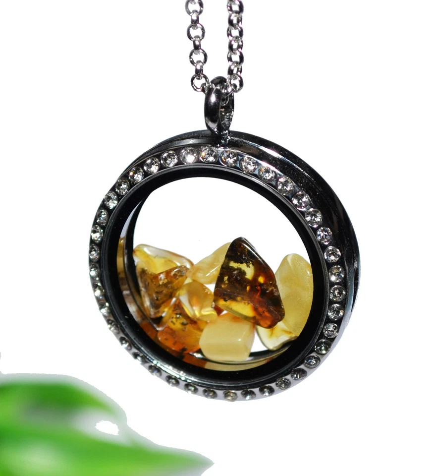 BERNSTEIN NUGGETS ++ Floating charms MEDAILLON Kette Anhänger Halskette Strass  - Bild 1 von 4