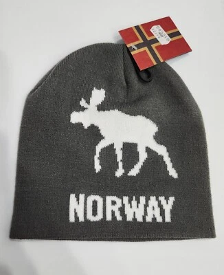 全新带标签 🇳🇴 NORWAY Moose 冬季帽子 Beanie 暖针织 灰色和白色 儿童 青少年 8 英寸 x 8  — 第 1/4 张图片