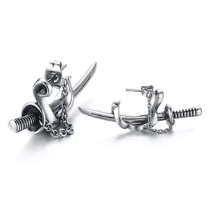 Japanese Samurai Scimitar Sword Stud Earrings Men Stainless Steel Katana Dangles - Picture 1 of 11