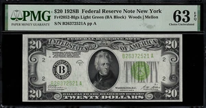 1928B $20 Federal Reserve Note New York FR.2052-B Light Green Seal - PMG 63 EPQ - Picture 1 of 2