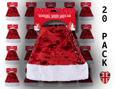 25 PACK - XMAS SANTA HAT - REVERSIBLE RED SEQUIN Christmas Fancy Dress Party UK - image 1 of 4