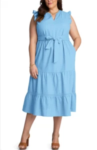 NWT ADYSON PARKER Sz 2X Dress Flutter Sleeve Linen Blend Midi Blue - Picture 1 of 6