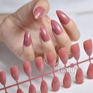 stiletto acrylic medium glosy French Manicure Fake Tips Press On Full Cover Nail - Picture 1 of 3