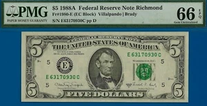 1988A $5 Federal Reserve Note PMG 66EPQ 2nd highest graded EC Block Fr 1980-E - Picture 1 of 3