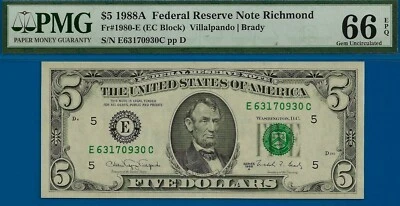 1988A $5 Federal Reserve Note PMG 66EPQ 2nd highest graded EC Block Fr 1980-E - Image 1 of 3