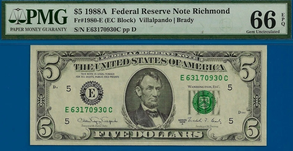 1988A $5 Federal Reserve Note PMG 66EPQ 2nd highest graded EC Block Fr 1980-E - Image 1 of 3