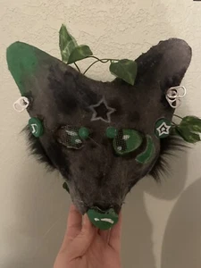 Handmade Black And Green Wolf Cat Mask Lined And Furred - Picture 1 of 5