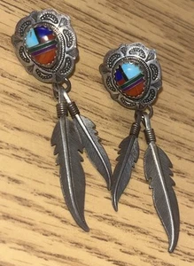 Quoc Turquoise Inlaid Multi Stone Sterling Silver Mosaic Dangle Stud Earrings QT - Bild 1 von 3