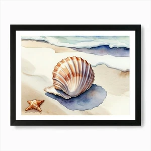 Seashell on the beach, watercolor p Framed Wall Art Poster Canvas Print Picture - Picture 1 of 4