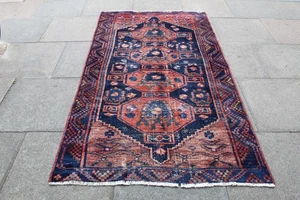 Vintage Worn Hand Made Traditional Oriental Wool Faded Blue Pink Rug 227x132cm - Picture 1 of 16
