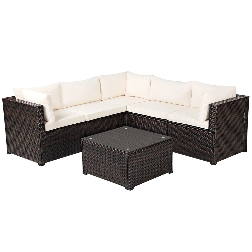 Patiojoy Patio 6pcs Rattan Furniture Set Sectional Cushioned Sofa Deck Beige