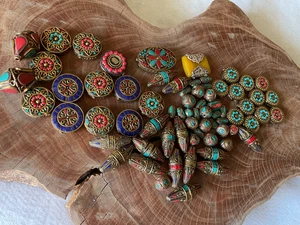 VINTAGE HANDMADE BULK OF 74 NEPAL'S TIBETAN INLAID BRASS BEADS - Picture 1 of 21