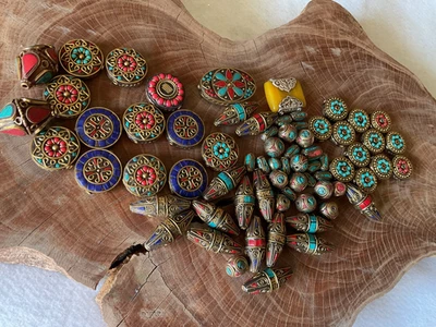 VINTAGE HANDMADE BULK OF 74 NEPAL'S TIBETAN INLAID BRASS BEADS - Image 1 of 4
