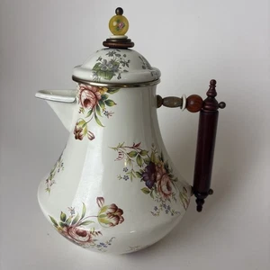 Vintage Camp Mackenzie Kinder Emaille Kaffeekanne 1995 Elfenbein Blumen 10" Holzgriff - Bild 1 von 20