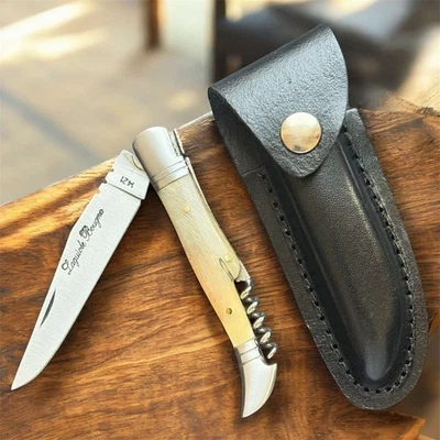 Cuchillo de Bolsillo Laguiole De Colección Hoja Mango de Cuerno Funda Cuero Sacacorchos Para Hombre Foto 1 de 4