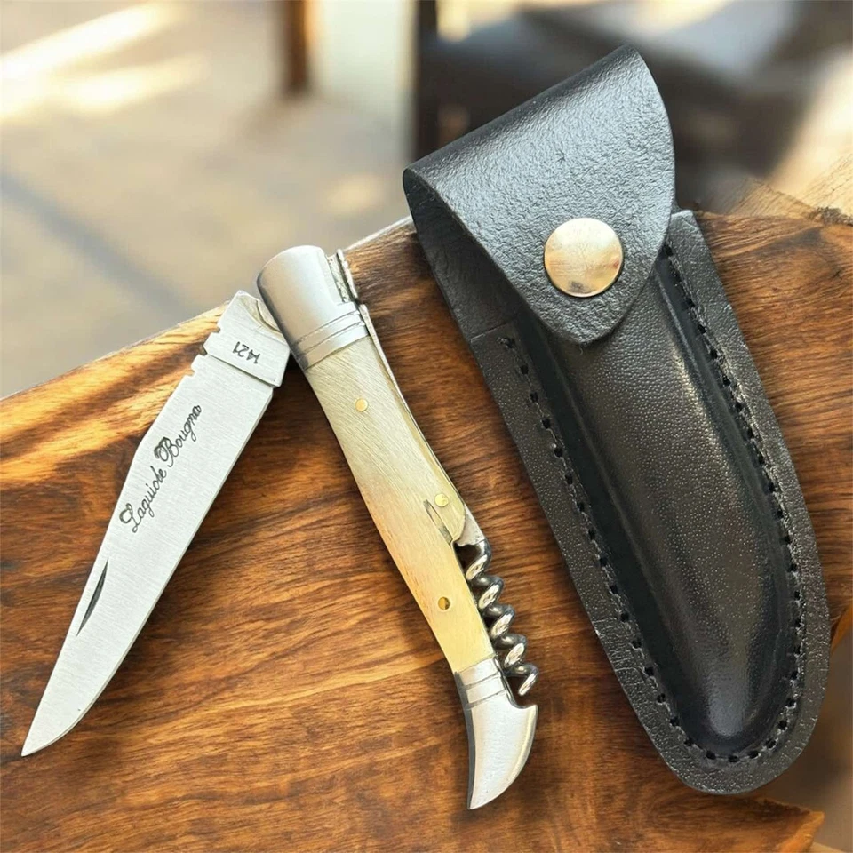 Faca de bolso vintage Laguiole lâmina chifre cabo bainha couro saca-rolhas masculino - Imagem 1 de 4