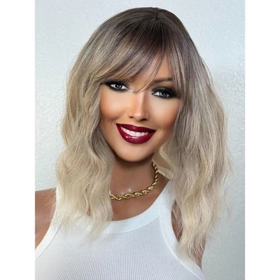 Light Ash Blonde Human Hair Blend Wig, Smoky Ombré Roots Wig, Short - Image 1 of 4