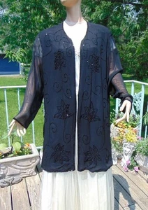 VTG 1940s Black Crepe Beaded Cocktail Evening Cover Up/Top/Jacket 46B - Picture 1 of 16