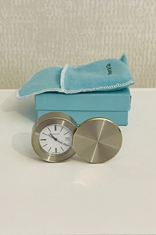 Original Tiffany & Co. Swiss Made Stainless Swivel Door Travel Alarm Clock w/Box Cover