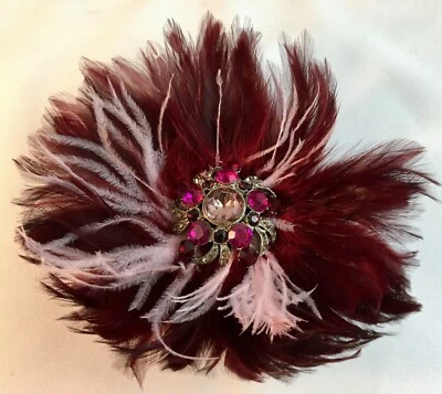 Designer Signed Gerard Yosca Large Magenta Burgundy Feather Brooch w/ Crystals - Image 1 of 4