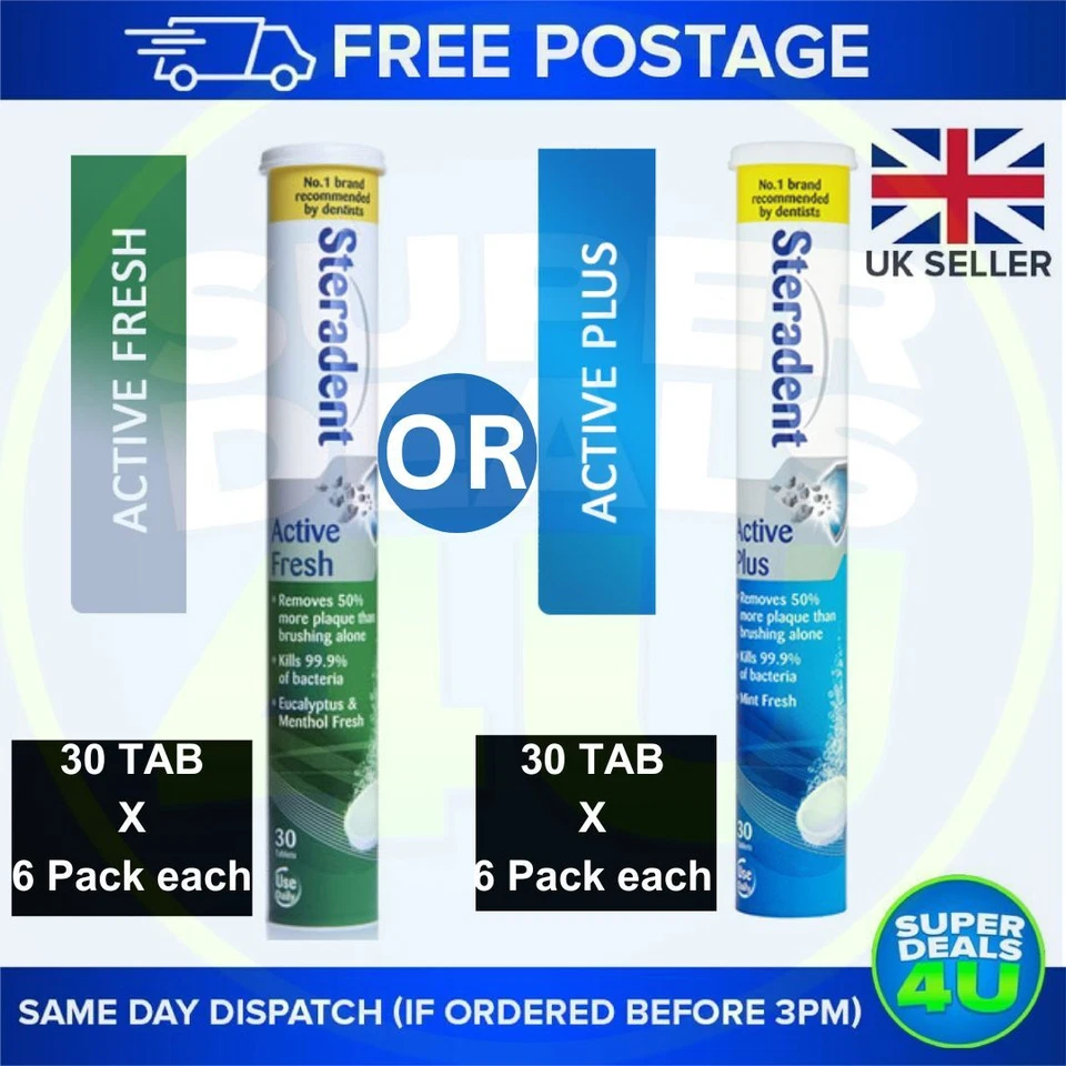 Steradent ACTIVE FRESH/ACTIVE PLUS (30 Tablets X 6 Pack each)