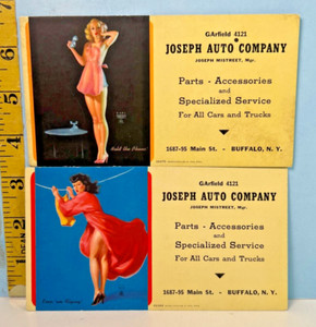 1940's Lot of 2 Earl Moran Pin-Up Blotter Cards Joseph Auto Company Buffalo NY