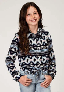 New! Girl's Roper Navy blue AZTEC PRINT WESTERN SHIRT w/ Snaps Size S M L XL - Picture 1 of 6