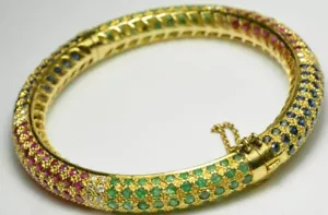 7CT Simulated Emerald, Sapphire, Ruby Bracelet 14k Yellow Gold Plated - Picture 1 of 6