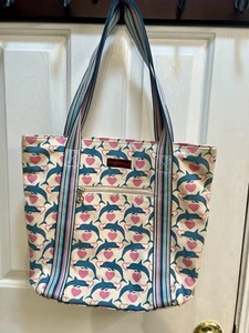 Bungalow 360 Striped Handle Tote Dolphin Heart print Girlcore Ocean Sweet - Picture 1 of 5