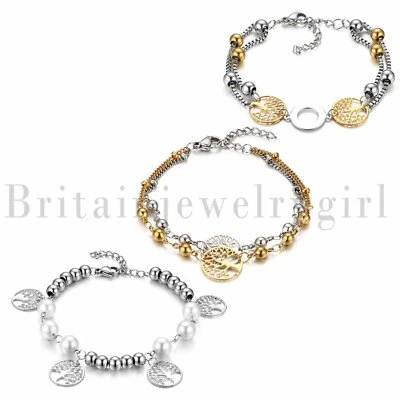 Pulsera de cadena con cuentas y dije redondo árbol de la vida de acero inoxidable para mujer niña Foto 1 de 4