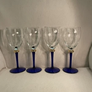 Vtg Romanian Crystal Wine Glasses W/ Clear Bowl Gold Band And Cobalt Blue Stem - Picture 1 of 9