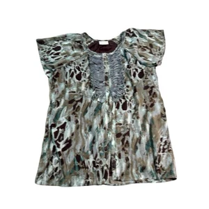 Soft Surroundings Top Women's Large Chiffon Button Abstract green brow Flutter - Picture 1 of 6