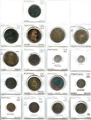 Portugal 1813-1893, 40 Reis, Plata 50 Reis, Total 17 monedas (2 monedas plata) Foto 1 de 2