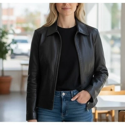 Chaqueta de cuero Wilsons Pelle para mujer M negra cuero genuino cremallera completa clásica Foto 1 de 4