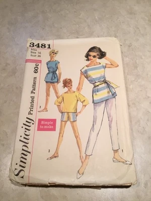 Women’s Vtg 50s Sewing Pattern 3481 Simplicity Pants Shorts Tunic Top -  Bust 36 - Image 1 of 4