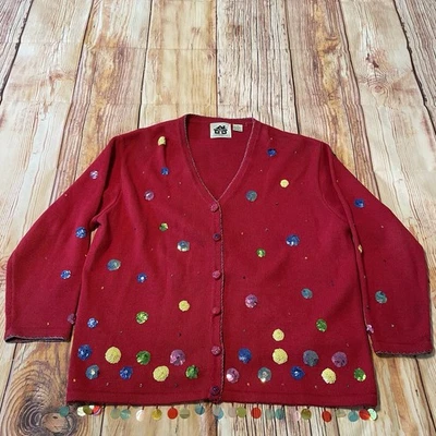 VTG 90s Storybook Knits 2X Red Sequin Polka Dots Cardigan Sweater Funky artsy - Image 1 of 4