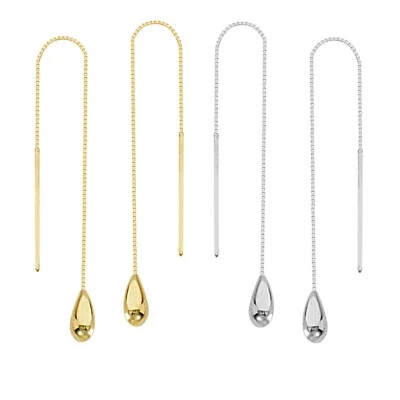 Teardrop Threader Dangle Earrings 14K Solid Gold Women Long Box Chain Earrings - Image 1 of 2