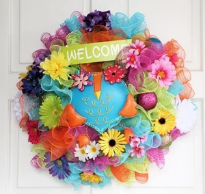 WELCOME OWL MESH WREATH, Spring Summer Colorful Floral Door Decor - Picture 1 of 5